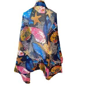 Sarong One Size Large Blue Summer Beach Graphic Fish Floral Pattern Cotton India